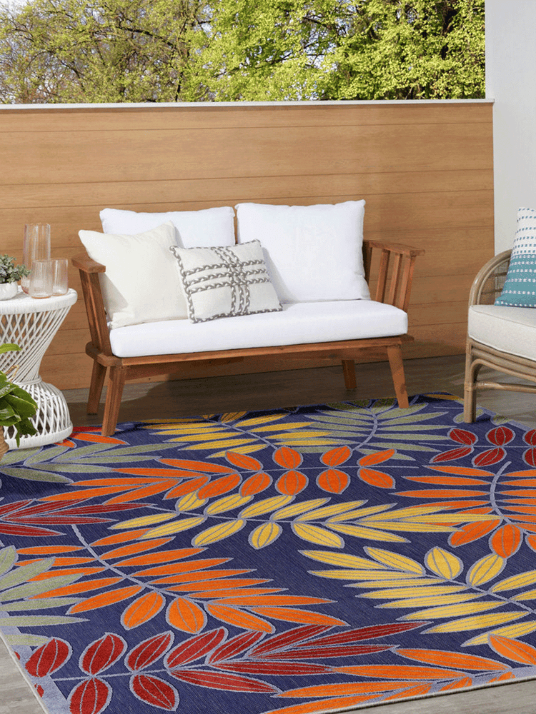Aloha Floral Indoor/Outdoor Navy Multicolor Broadloom Carpet
